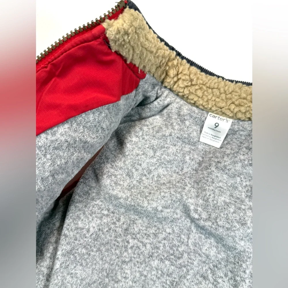 CARTER’S Baby Boys Red Corduroy Yoke‎ Puffer Vest 9M Sherpa Lined Retro Winter